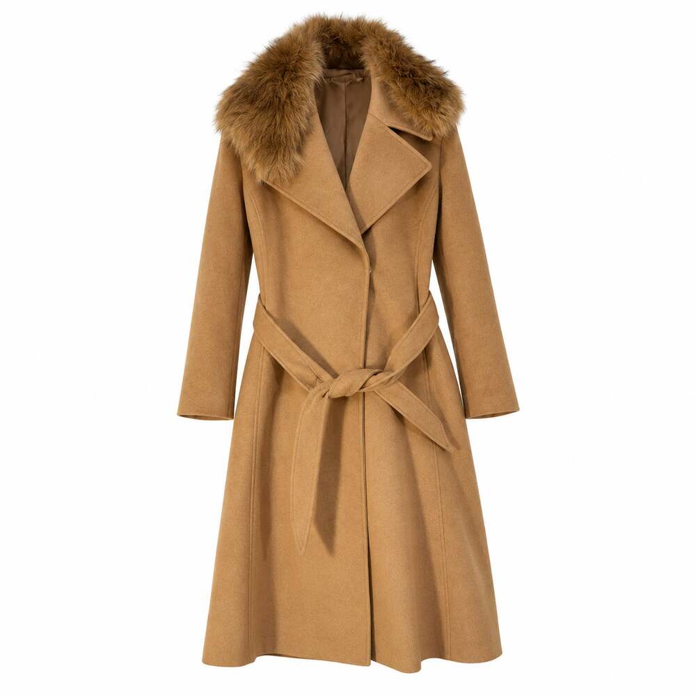 Karl Lagerfeld Paris Womens XL Camel Wool Coat Detachable Faux Fur Collar Belted